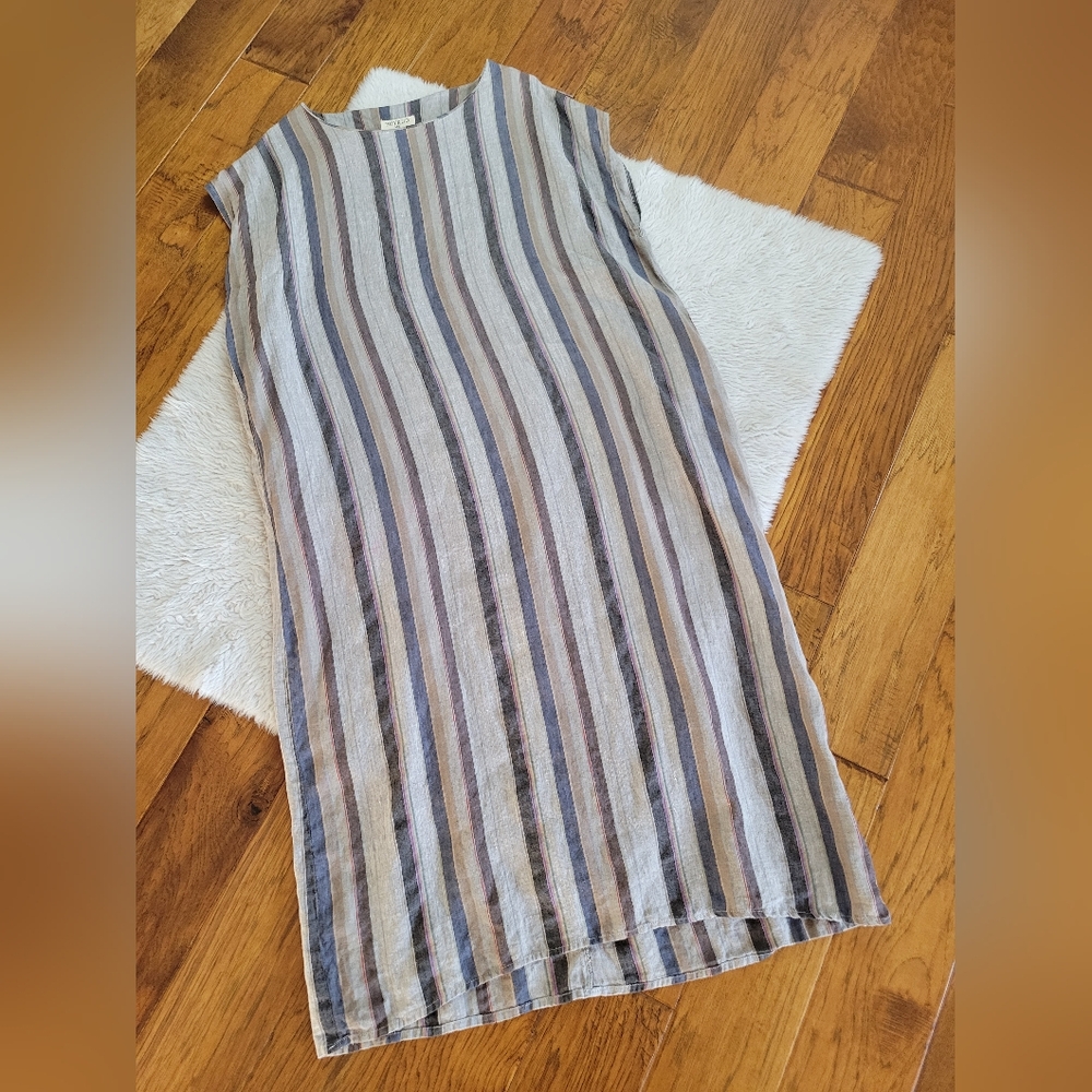 BUYKUD Linen Dress Kaftan Long Striped Pockets Lagenlook Beach Size M/L